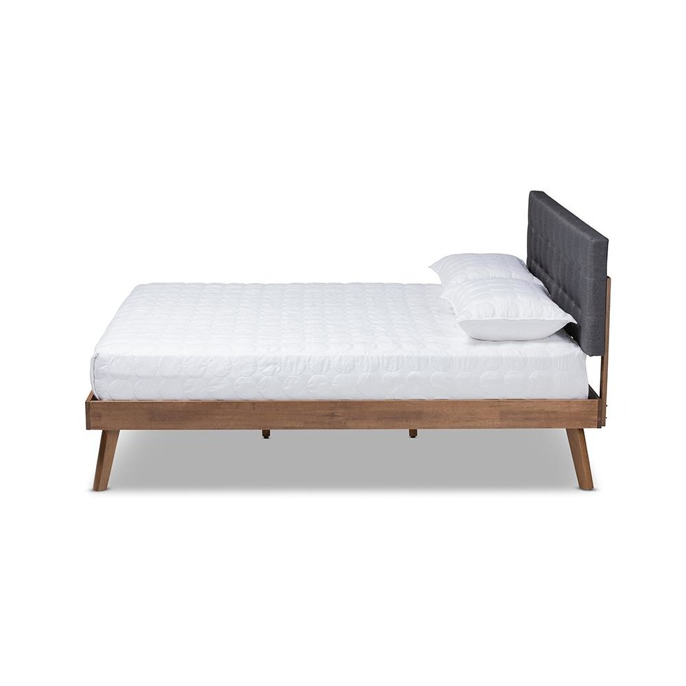 Dark Grey Fabric Upholstered Walnut Brown Finished Wood Queen Size Platform Bed. Picture 2