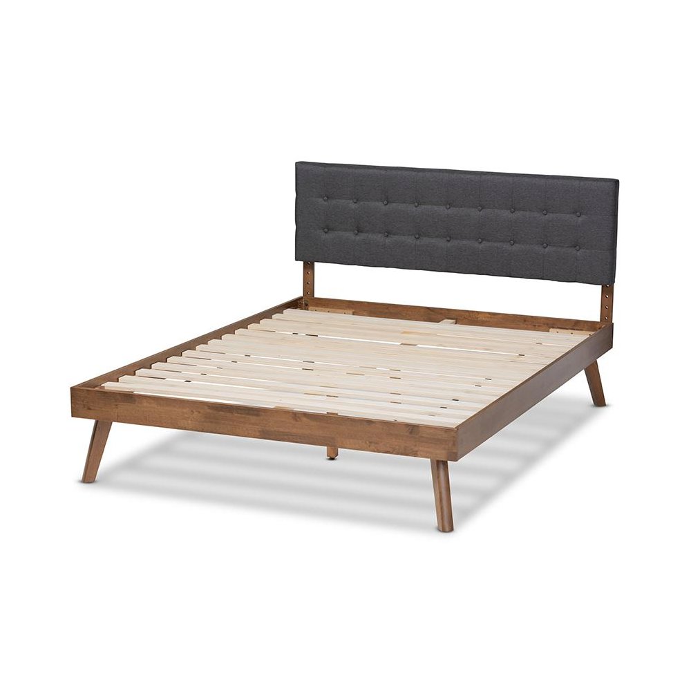 Dark Grey Fabric Upholstered Walnut Brown Finished Wood Queen Size Platform Bed. Picture 3