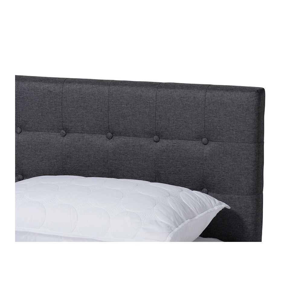 Dark Grey Fabric Upholstered Walnut Brown Finished Wood Queen Size Platform Bed. Picture 4