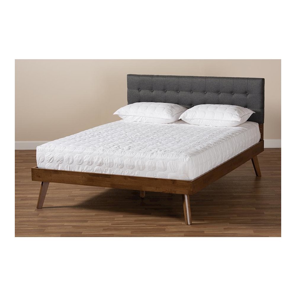 Dark Grey Fabric Upholstered Walnut Brown Finished Wood Queen Size Platform Bed. Picture 7
