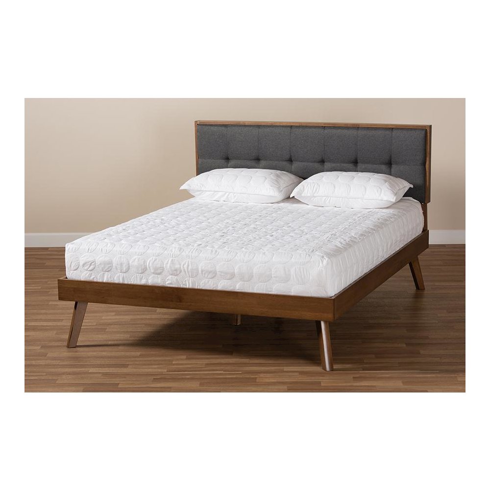 Dark Grey Fabric Upholstered Walnut Brown Finished Wood Queen Size Platform Bed. Picture 7