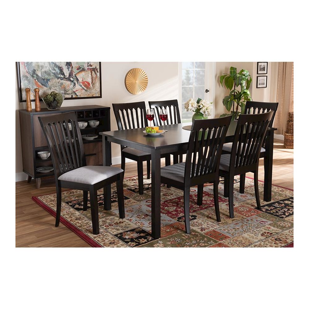 Gray Fabric Upholstered and Espresso Brown Finished Wood 7-Piece Dining Set. Picture 17