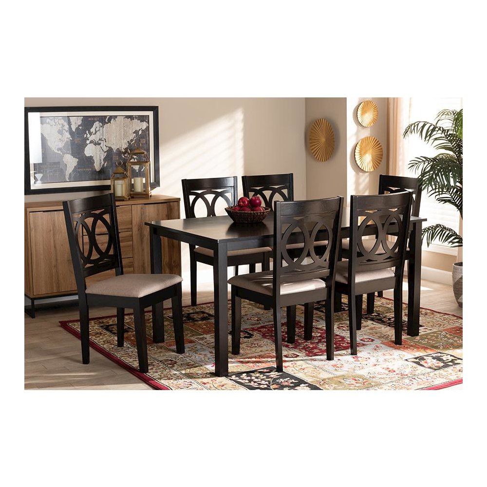 Sand Fabric Upholstered Espresso Brown Finished Wood 7-Piece Dining Set. Picture 15