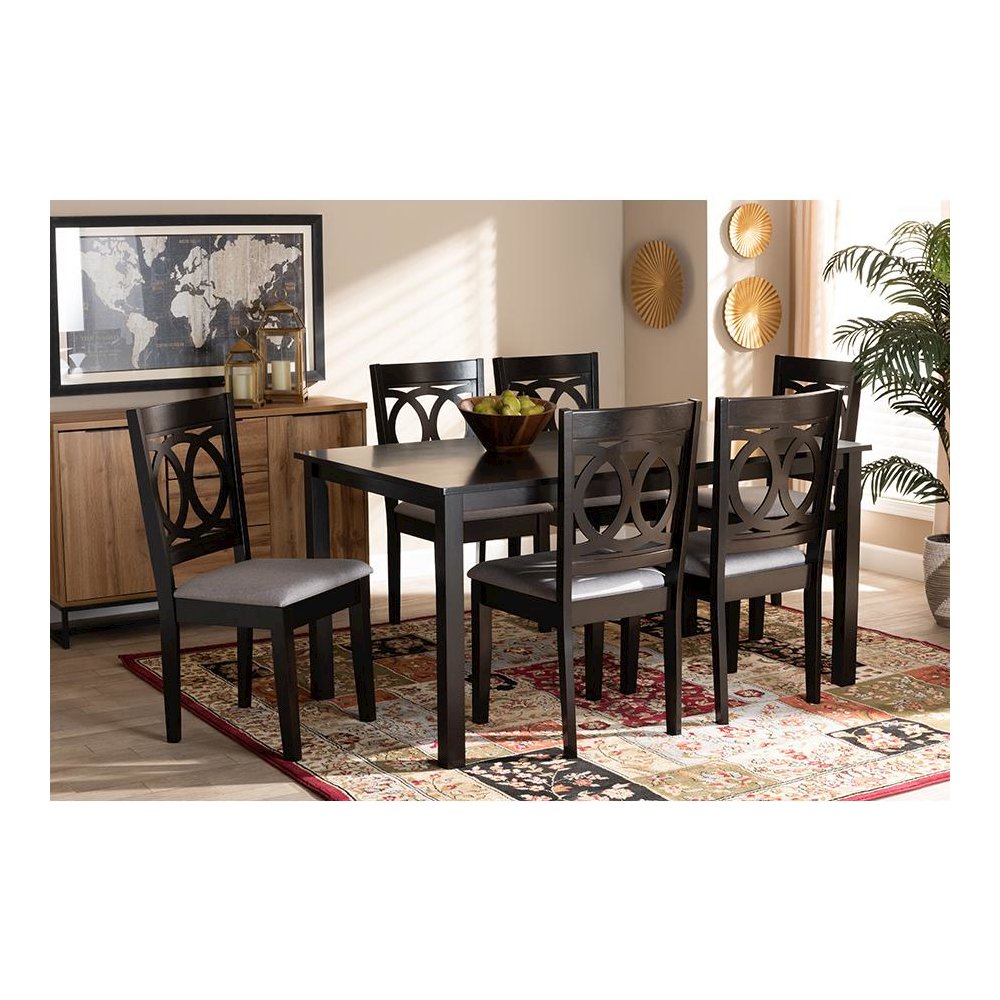 Grey Fabric Upholstered Espresso Brown Finished Wood 7-Piece Dining Set. Picture 15
