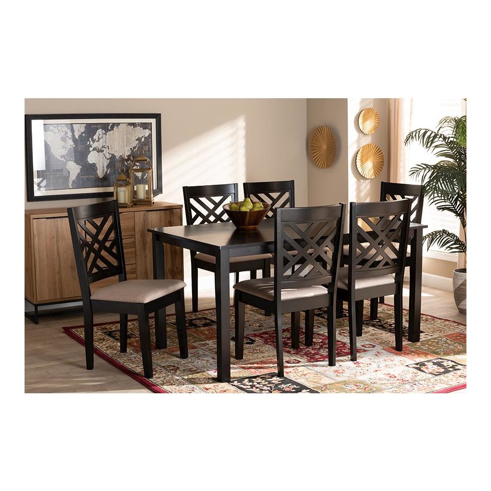 Sand Fabric Upholstered Espresso Brown Finished Wood 7-Piece Dining Set. Picture 15