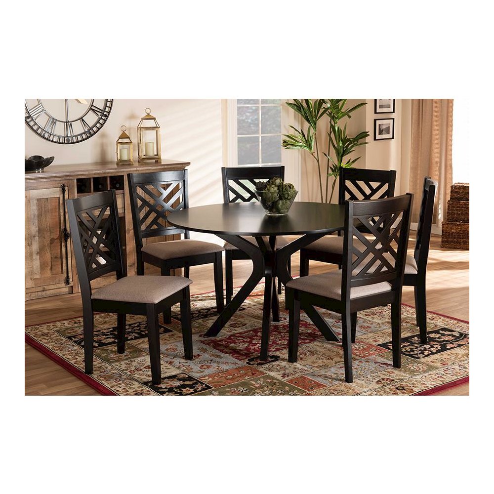 Sand Fabric Upholstered and Dark Brown Finished Wood 7-Piece Dining Set. Picture 17