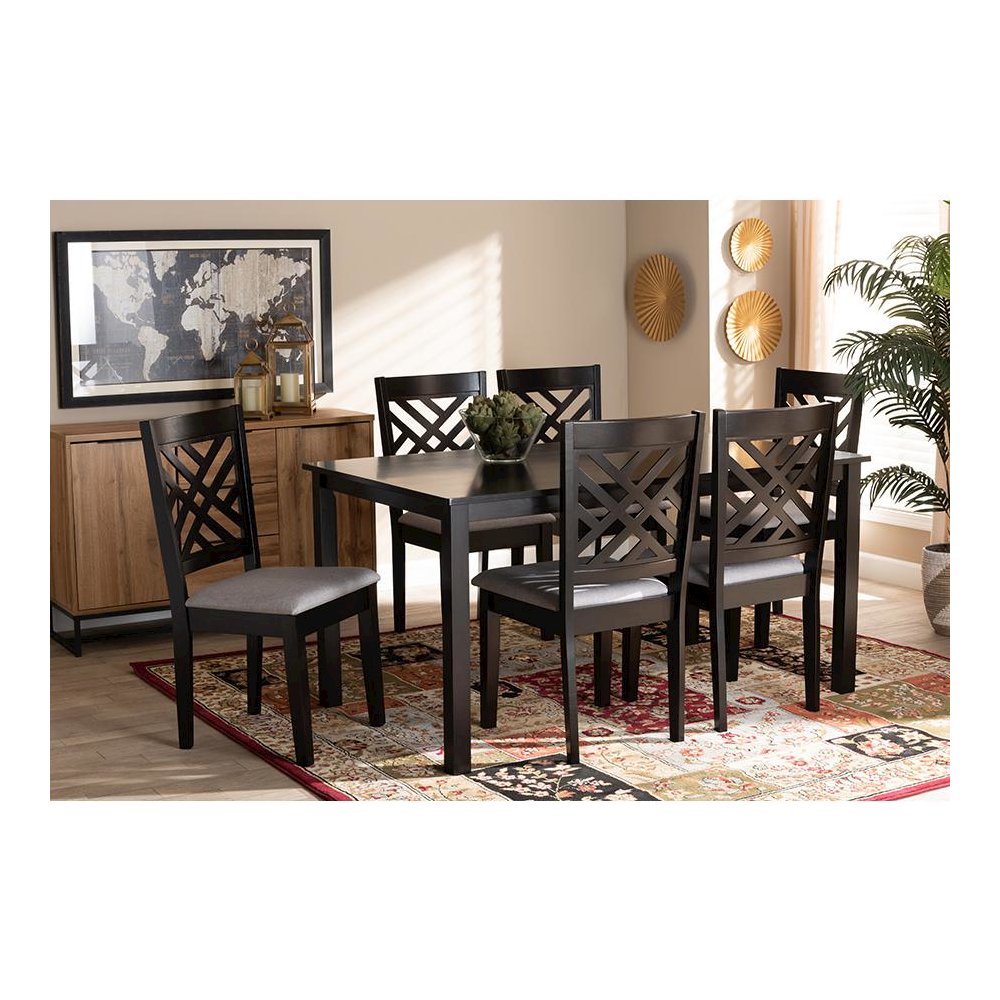 Grey Fabric Upholstered Espresso Brown Finished Wood 7-Piece Dining Set. Picture 15