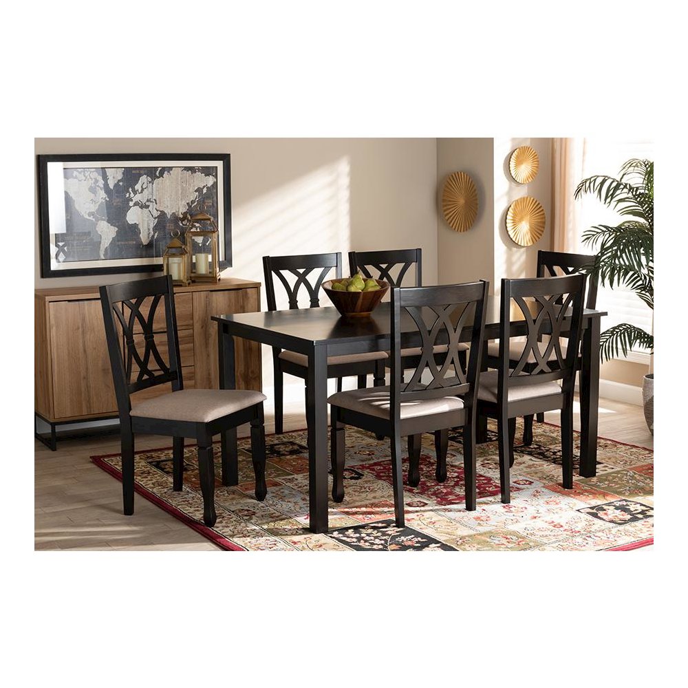 Sand Fabric Upholstered Espresso Brown Finished Wood 7-Piece Dining Set. Picture 17