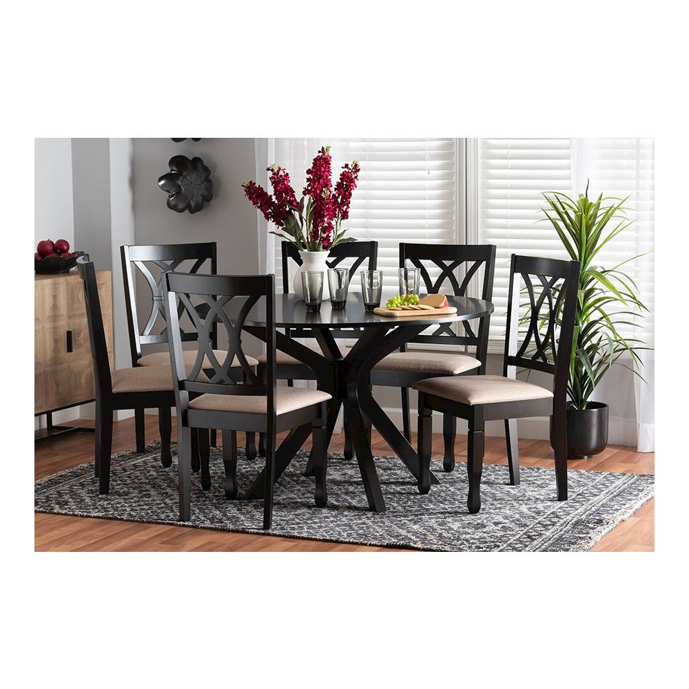 Maya Modern Beige Fabric and Espresso Brown Finished Wood 7-Piece Dining Set. Picture 21