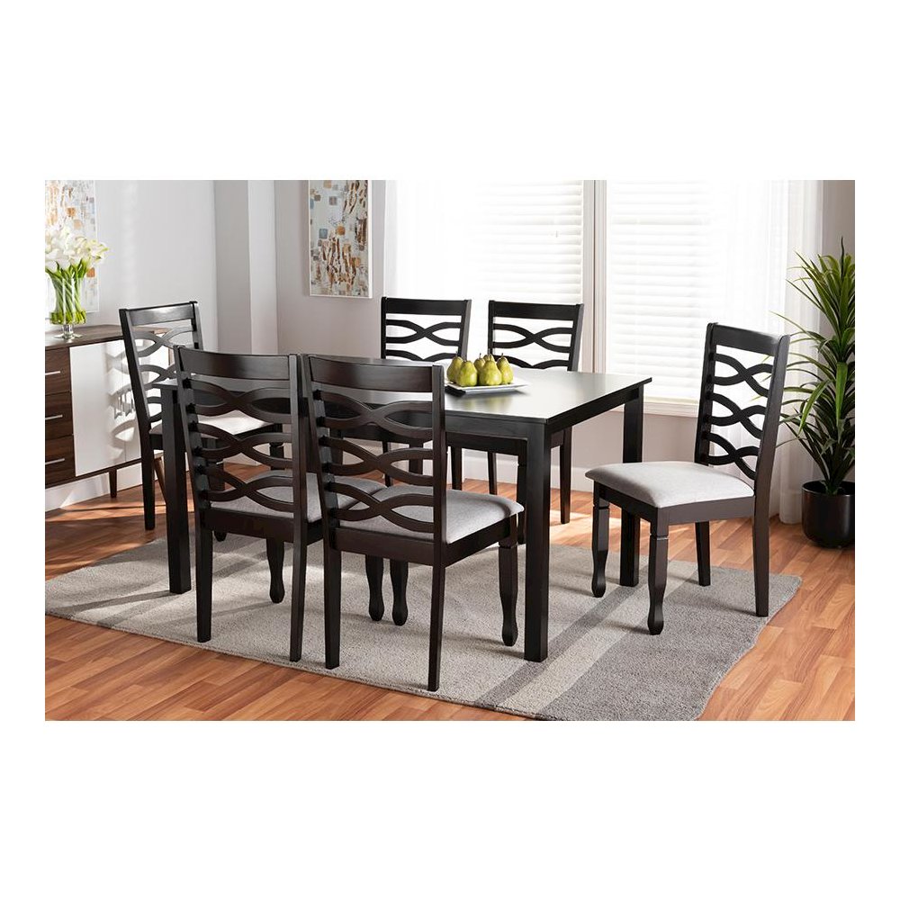 Grey Fabric Upholstered and Dark Brown Finished Wood 7-Piece Dining Set. Picture 19