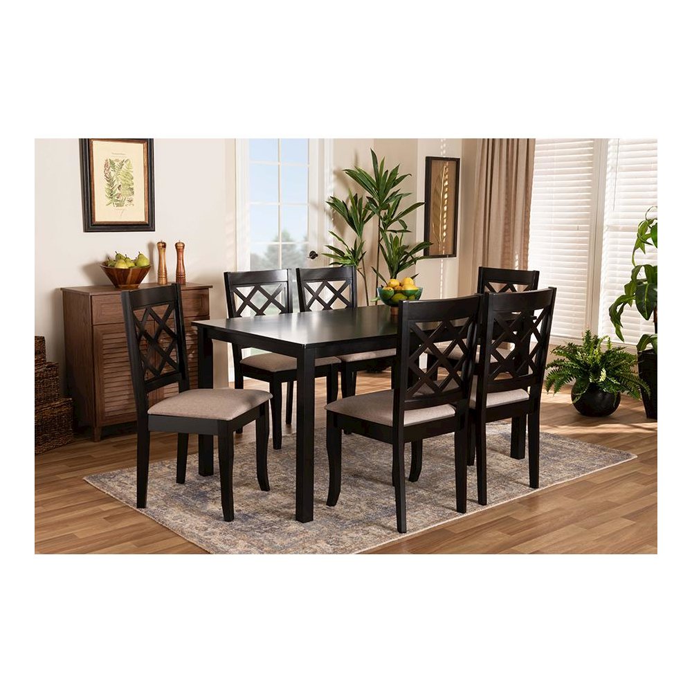 Sand Fabric Upholstered Dark Brown Finished 7-Piece Wood Dining Set. Picture 19