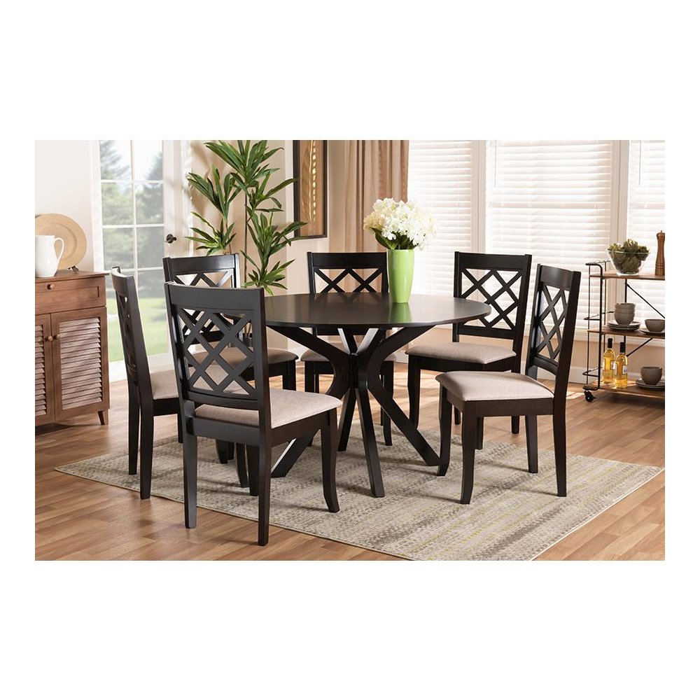 Sand Fabric Upholstered and Dark Brown Finished Wood 7-Piece Dining Set. Picture 19