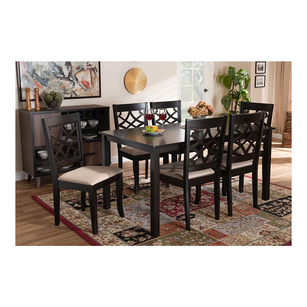 Sand Fabric Upholstered and Espresso Brown Finished Wood 7-Piece Dining Set. Picture 17