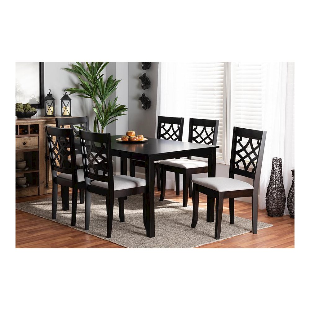 Grey Fabric Upholstered and Dark Brown Finished Wood 7-Piece Dining Set. Picture 19