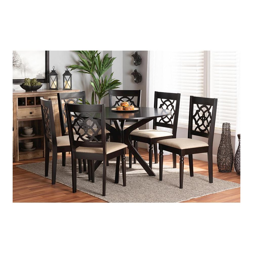 Sand Fabric Upholstered and Dark Brown Finished Wood 7-Piece Dining Set. Picture 19