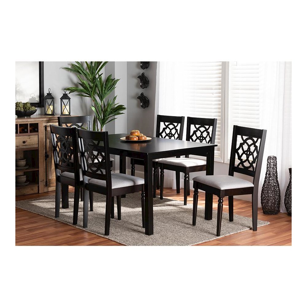 Grey Fabric Upholstered and Dark Brown Finished Wood 7-Piece Dining Set. Picture 19