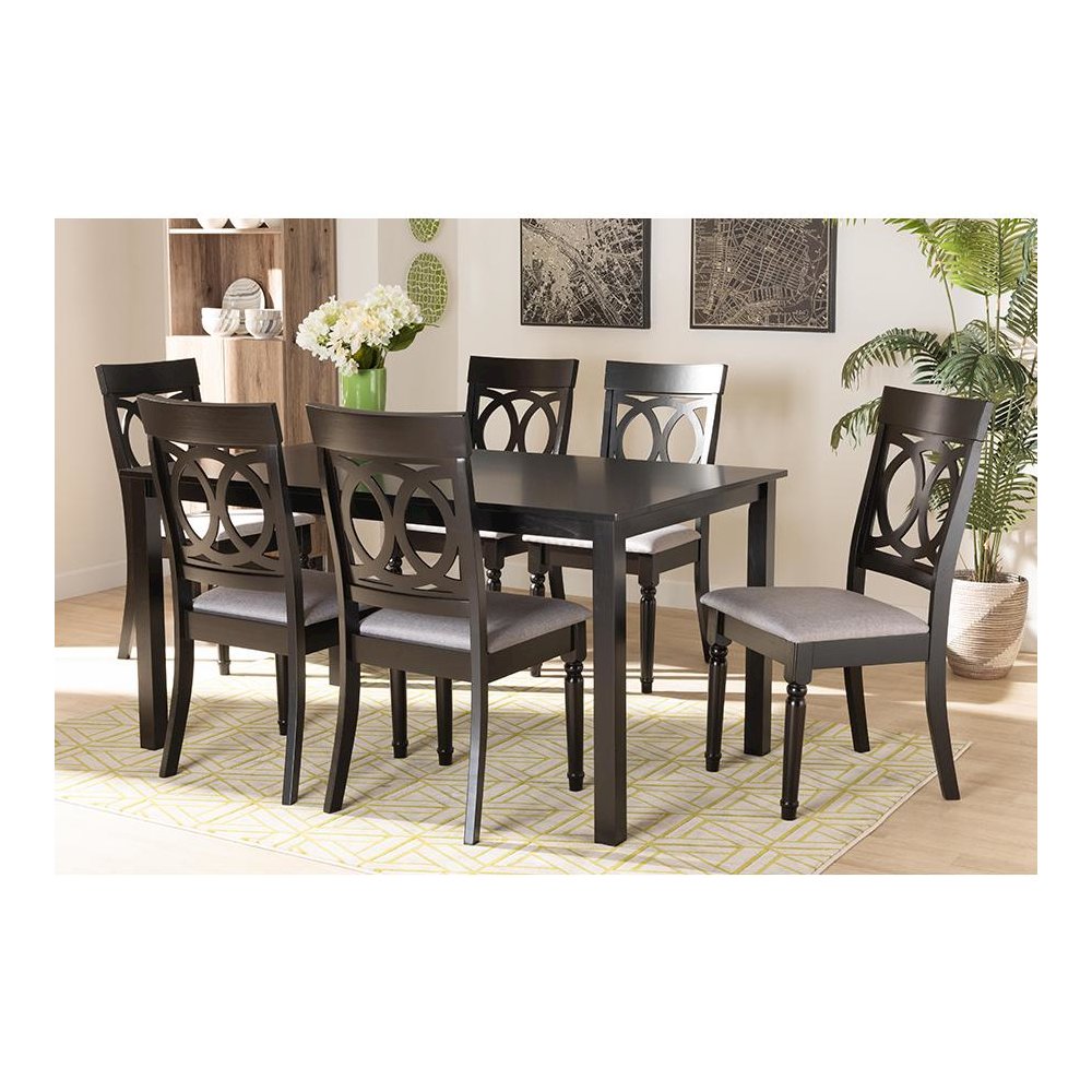 Grey Fabric Upholstered and Dark Brown Finished Wood 7-Piece Dining Set. Picture 19