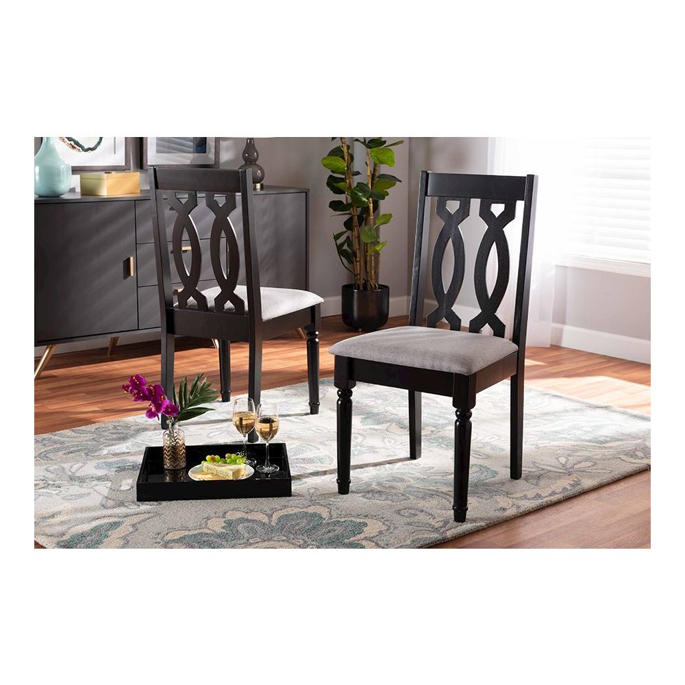 Grey Fabric Upholstered and Dark Brown Finished Wood 2-Piece Dining Chair Set. Picture 17