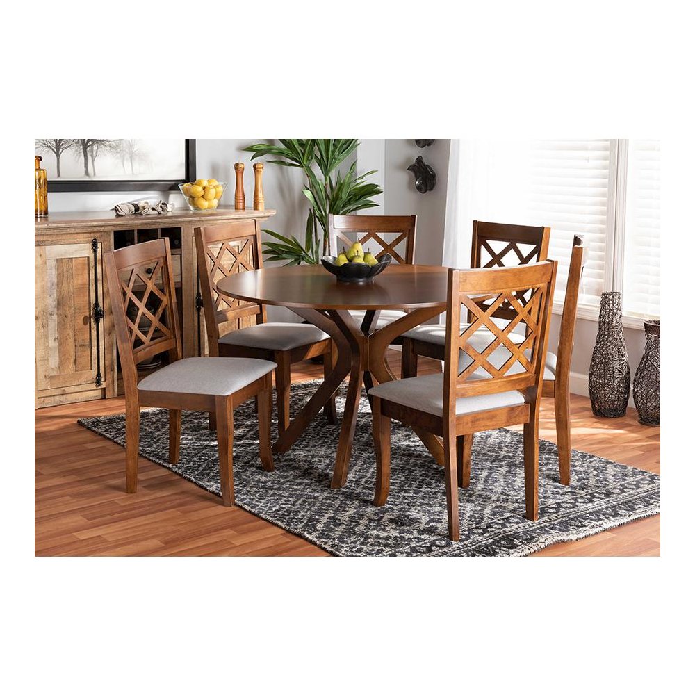 Grey Fabric Upholstered and Walnut Brown Finished Wood 7-Piece Dining Set. Picture 19