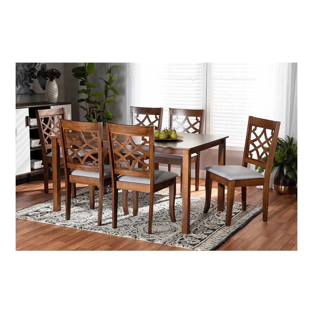 Grey Fabric Upholstered and Walnut Brown Finished Wood 7-Piece Dining Set. Picture 19