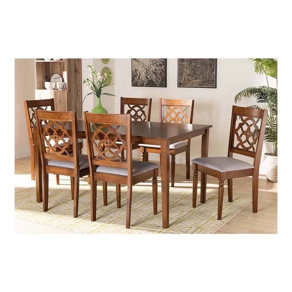 Grey Fabric Upholstered and Walnut Brown Finished Wood 7-Piece Dining Set. Picture 19