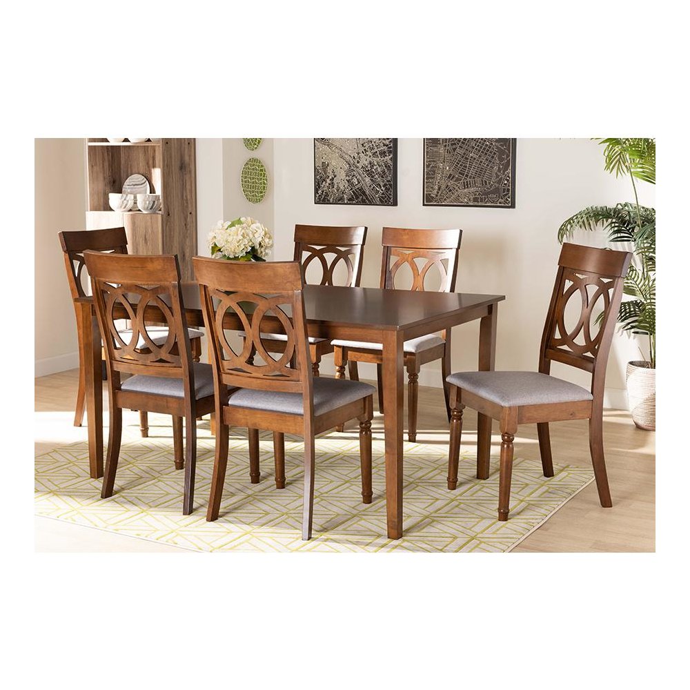 Grey Fabric Upholstered and Walnut Brown Finished Wood 7-Piece Dining Set. Picture 19