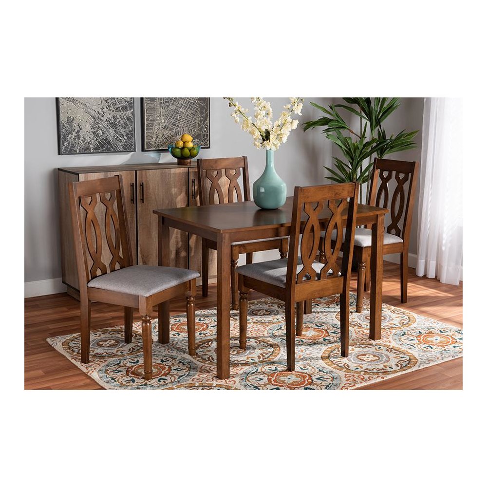 Grey Fabric Upholstered and Walnut Brown Finished 5-Piece Wood Dining Set. Picture 19