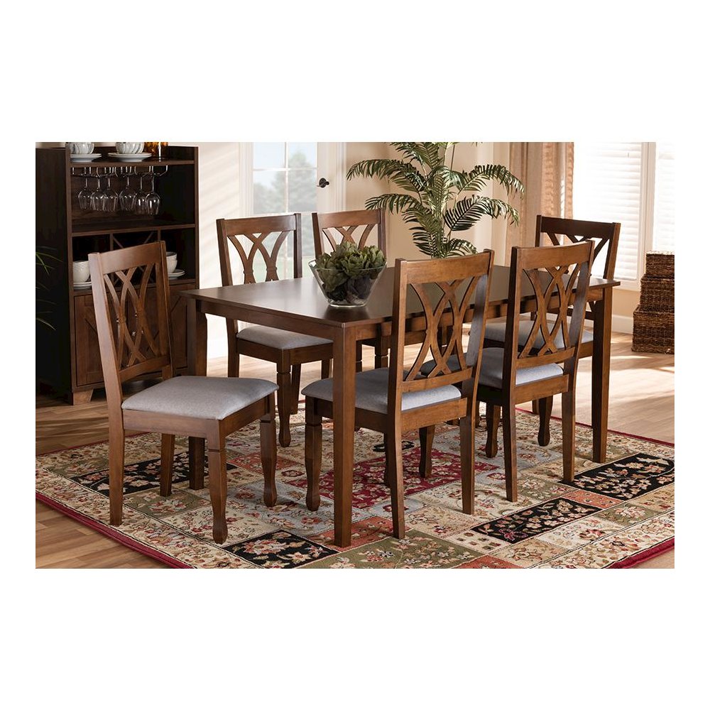 Grey Fabric Upholstered and Walnut Brown Finished Wood 7-Piece Dining Set. Picture 19