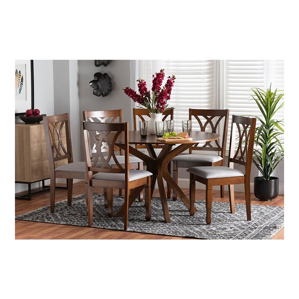 Maya Modern Grey Fabric and Walnut Brown Finished Wood 7-Piece Dining Set. Picture 21