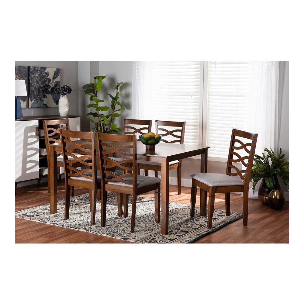 Grey Fabric Upholstered and Walnut Brown Finished Wood 7-Piece Dining Set. Picture 19