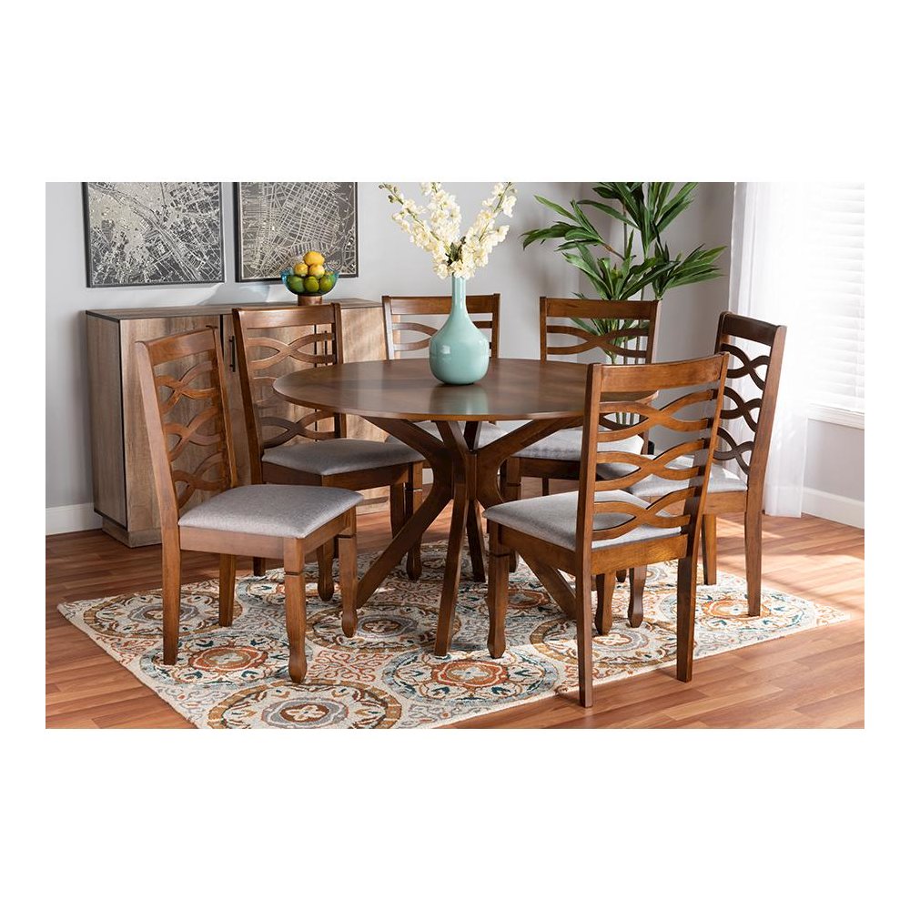Grey Fabric Upholstered and Walnut Brown Finished Wood 7-Piece Dining Set. Picture 19
