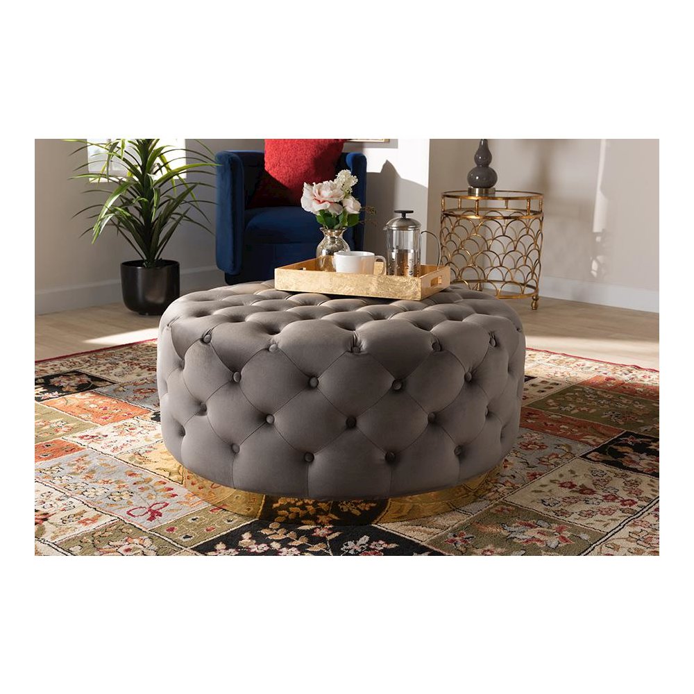 Luxe Grey Velvet Fabric Upholstered Gold Finished Round Cocktail Ottoman. Picture 13