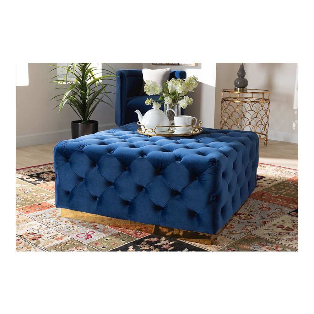 Luxe Royal Blue Velvet Fabric Upholstered Gold Finished Square Cocktail Ottoman. Picture 15