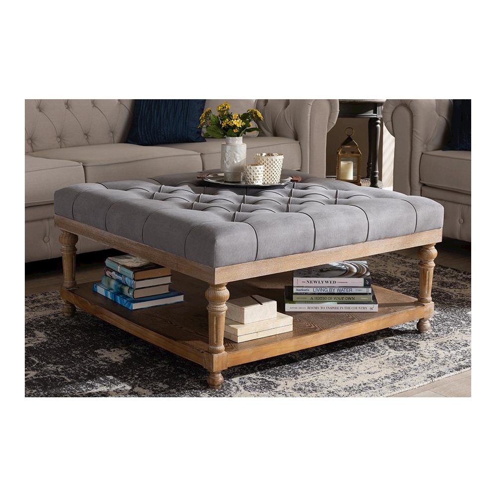and Rustic Grey Linen Fabric Upholstered and Greywashed Wood Cocktail Ottoman. Picture 15