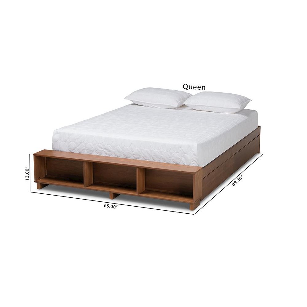 Walnut Brown Finished Wood King Size Platform Bed with Built-In Shelves. Picture 12