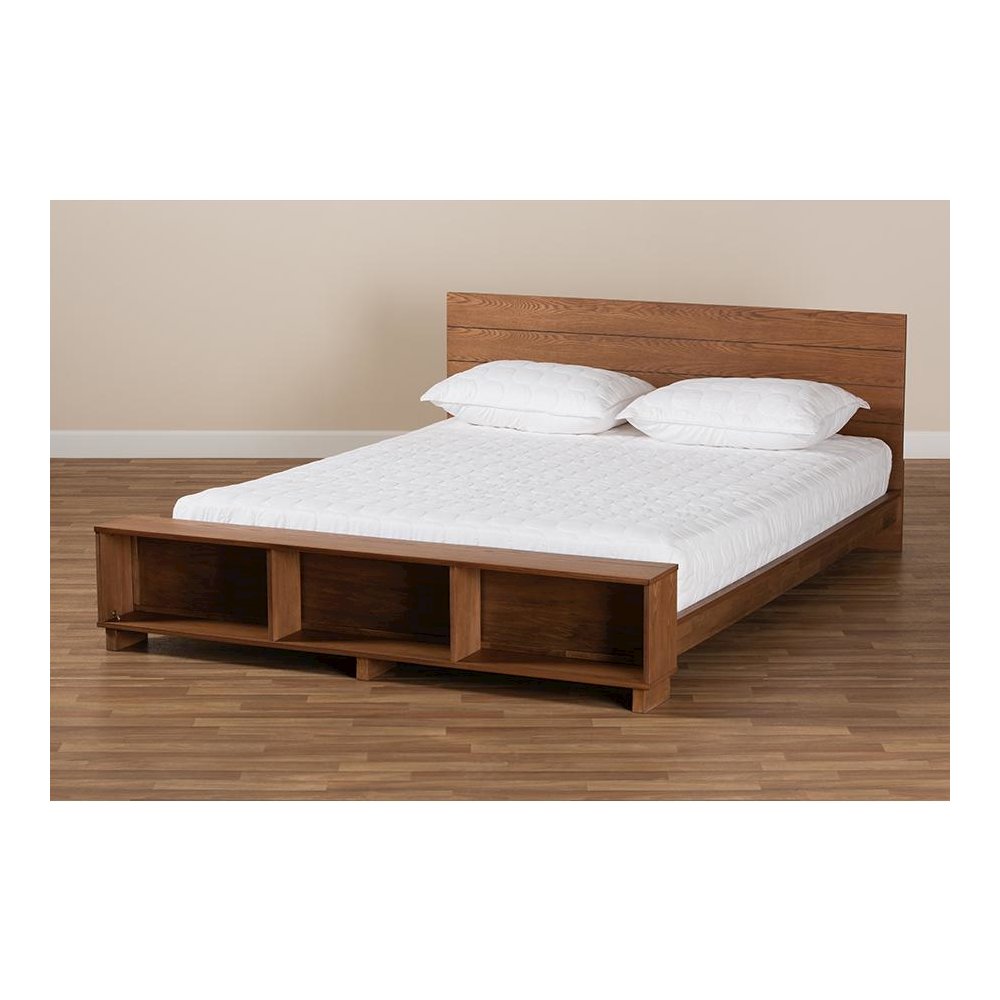 Walnut Brown Finished Wood Queen Size Platform Storage Bed with Built-In Shelves. Picture 7