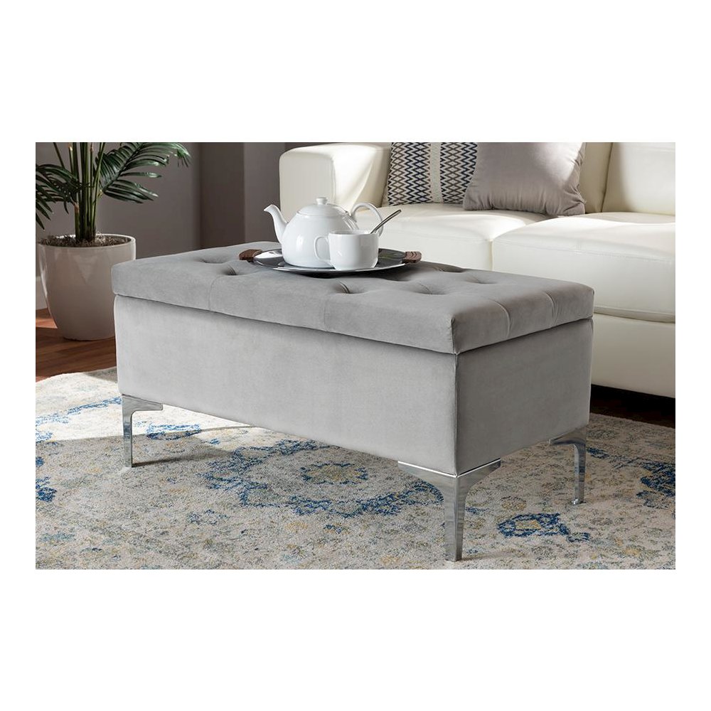 Transitional Grey Velvet Fabric Upholstered Silver Finished Storage Ottoman. Picture 23