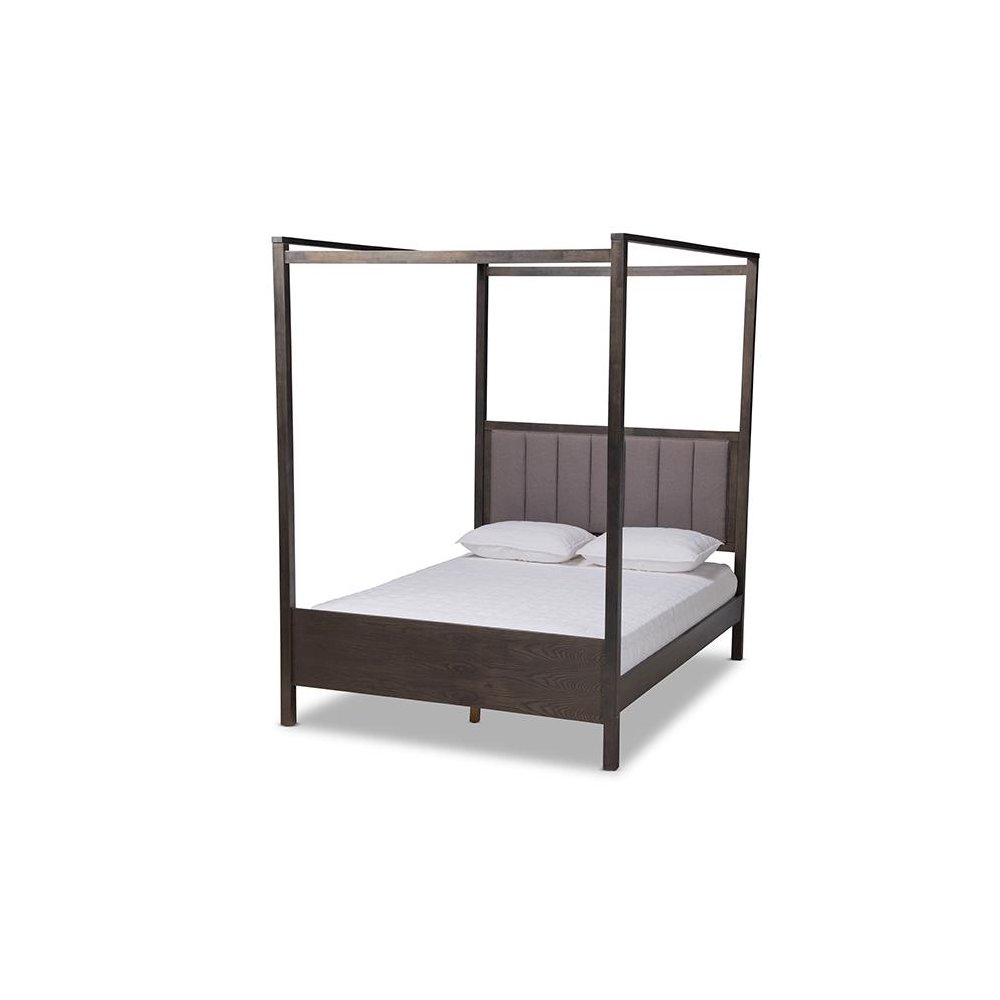 Dark Grey Oak Finished Wood King Size Platform Canopy Bed. Picture 1