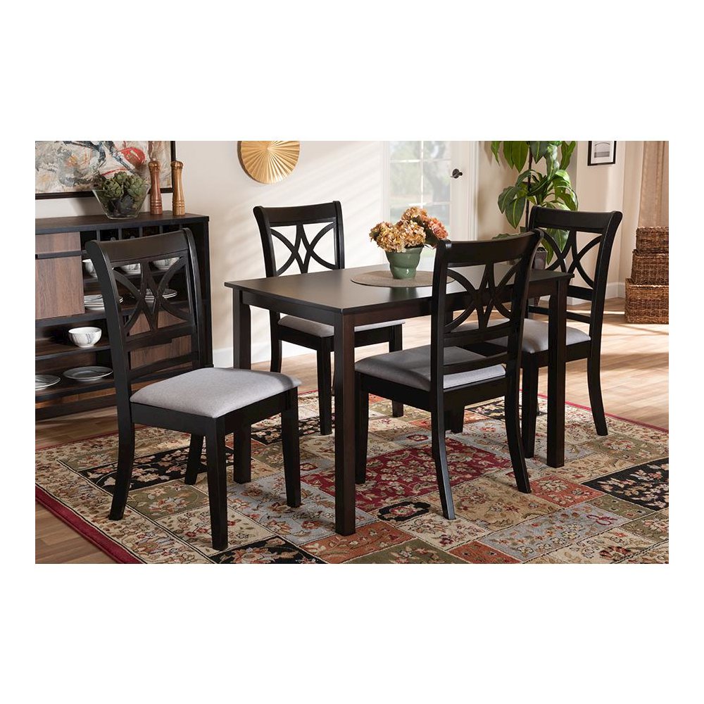 Grey Fabric Upholstered and Espresso Brown Finished Wood 5-Piece Dining Set. Picture 19