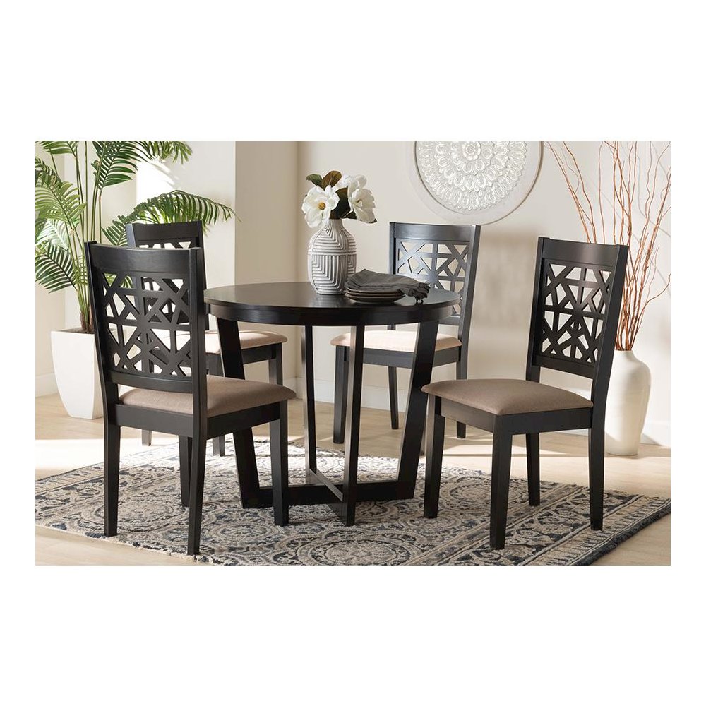 Jamie Moden Beige Fabric and Dark Brown Finished Wood 5-Piece Dining Set. Picture 21