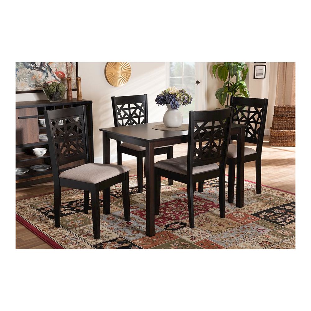 Sand Fabric Upholstered and Espresso Brown Finished Wood 5-Piece Dining Set. Picture 19