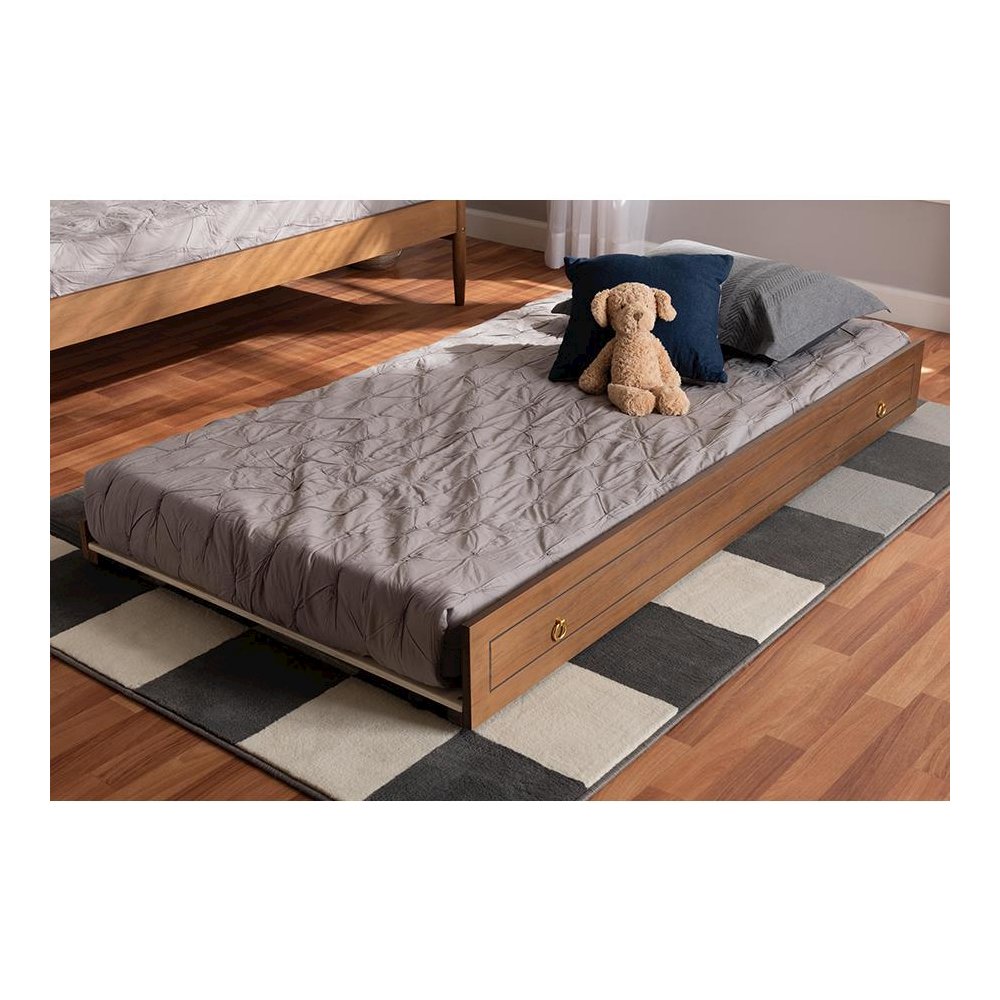 Alya Classic Traditional Farmhouse Walnut Brown Finished Wood Twin Size Trundle. Picture 15