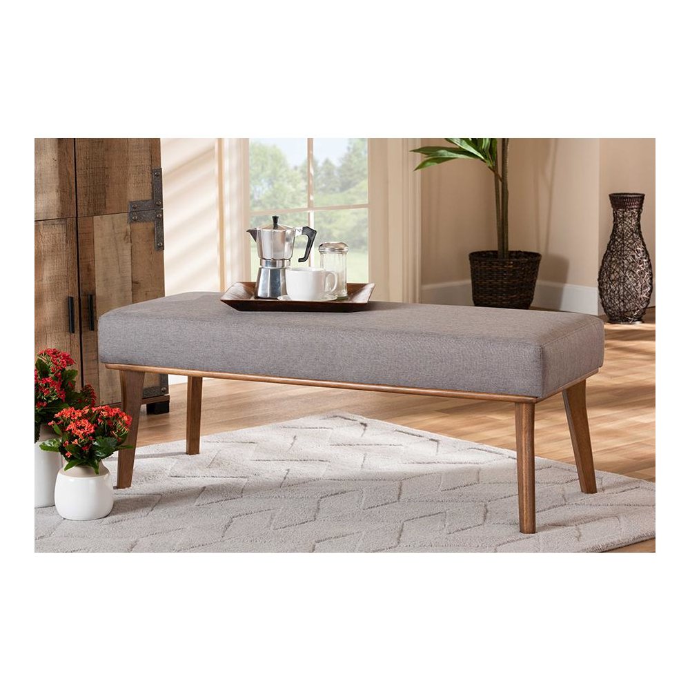 Grey Fabric Upholstered and Walnut Brown Finished Wood Dining Bench. Picture 15