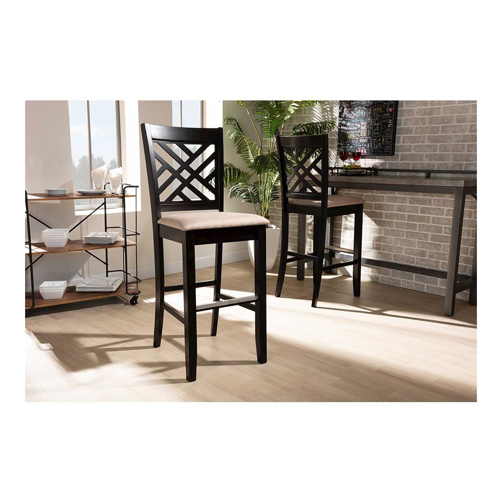 Sand Fabric Upholstered and Espresso Brown Finished Wood 2-Piece Bar Stool Set. Picture 19