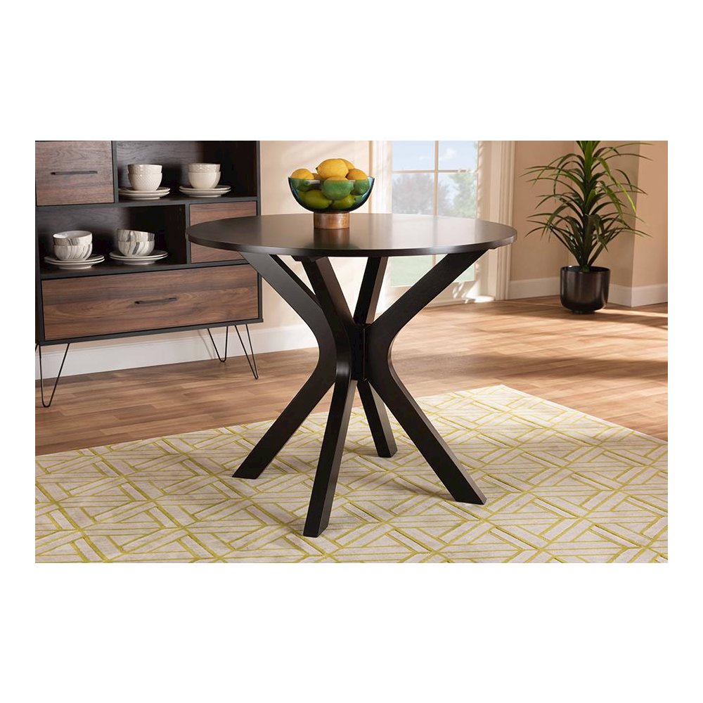 Dark Brown Finished 34-Inch-Wide Round Wood Dining Table. Picture 15