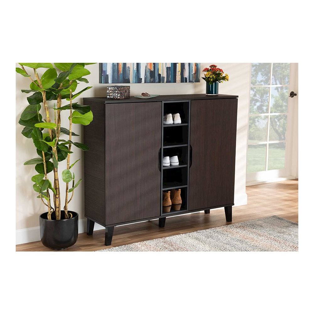 Two-Tone Dark Brown and Grey Finished Wood 2-Door Shoe Cabinet. Picture 21