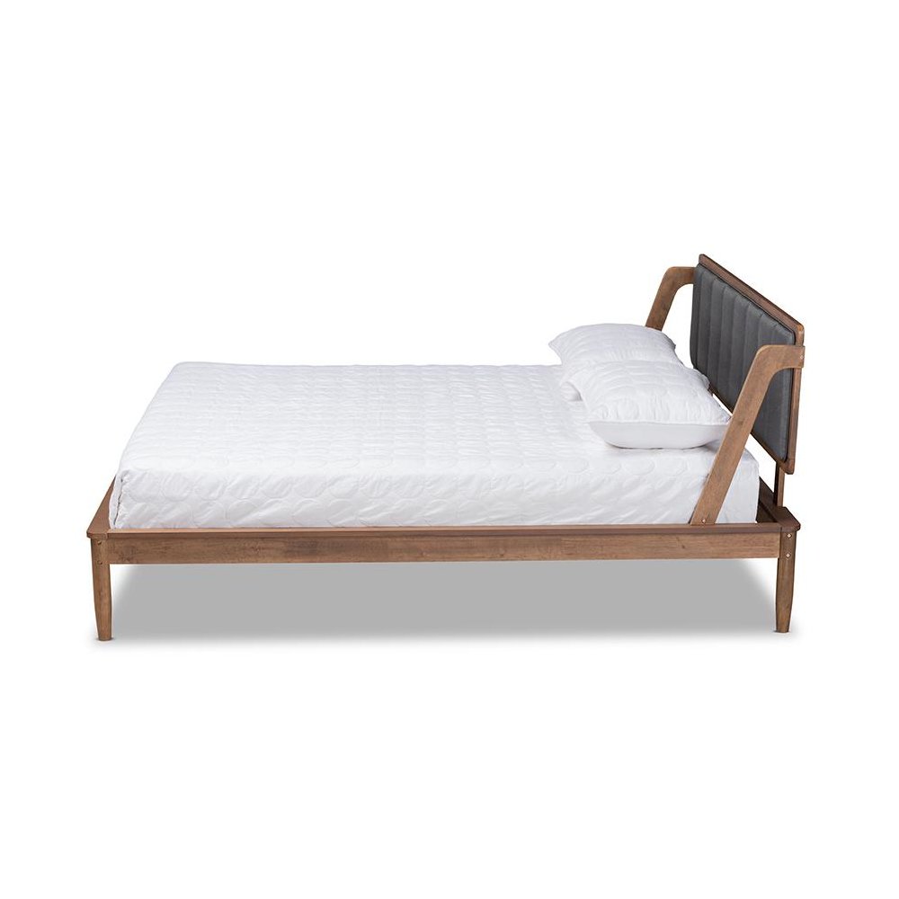 Dark Grey Fabric Upholstered and Walnut Finished Queen Size Platform Bed. Picture 2
