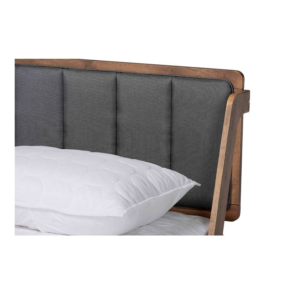 Dark Grey Fabric Upholstered and Walnut Finished Queen Size Platform Bed. Picture 4