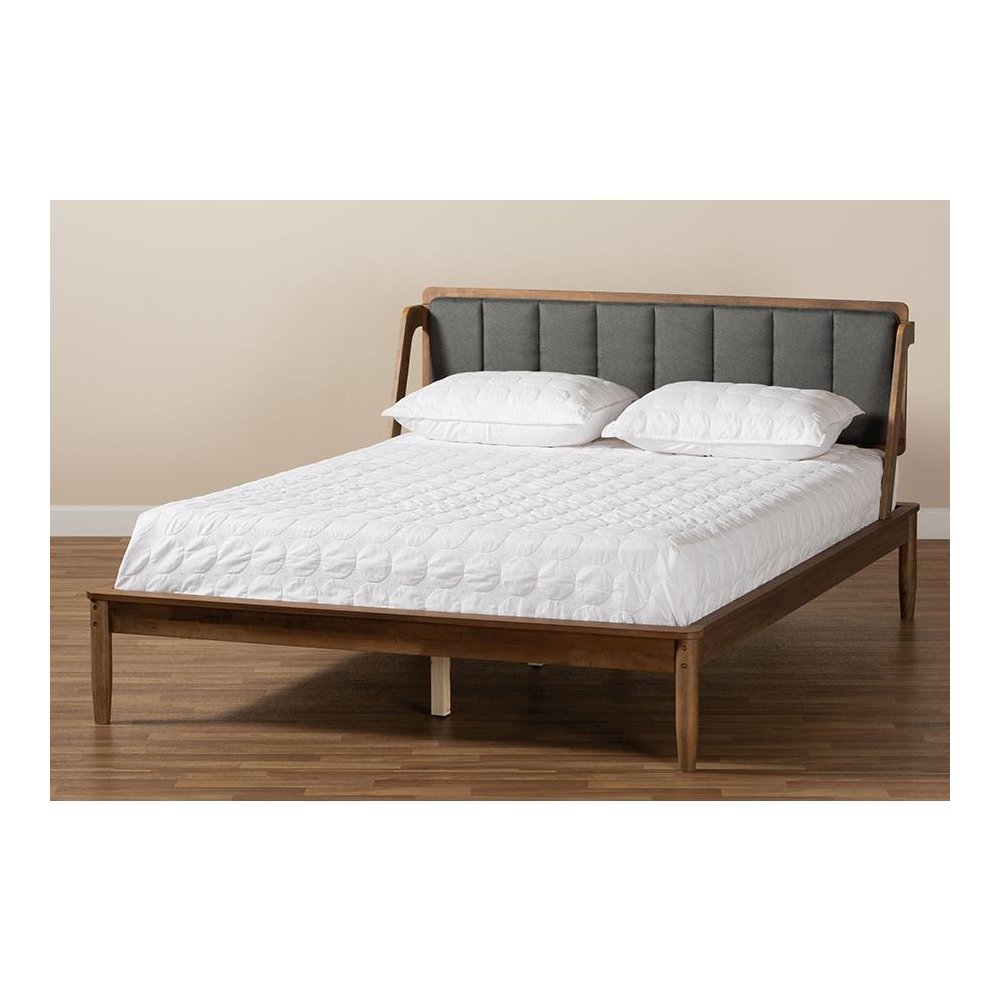 Dark Grey Fabric Upholstered and Walnut Finished Queen Size Platform Bed. Picture 7