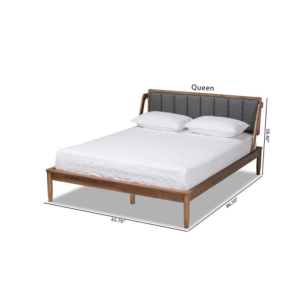 Dark Grey Fabric Upholstered and Walnut Finished Queen Size Platform Bed. Picture 9